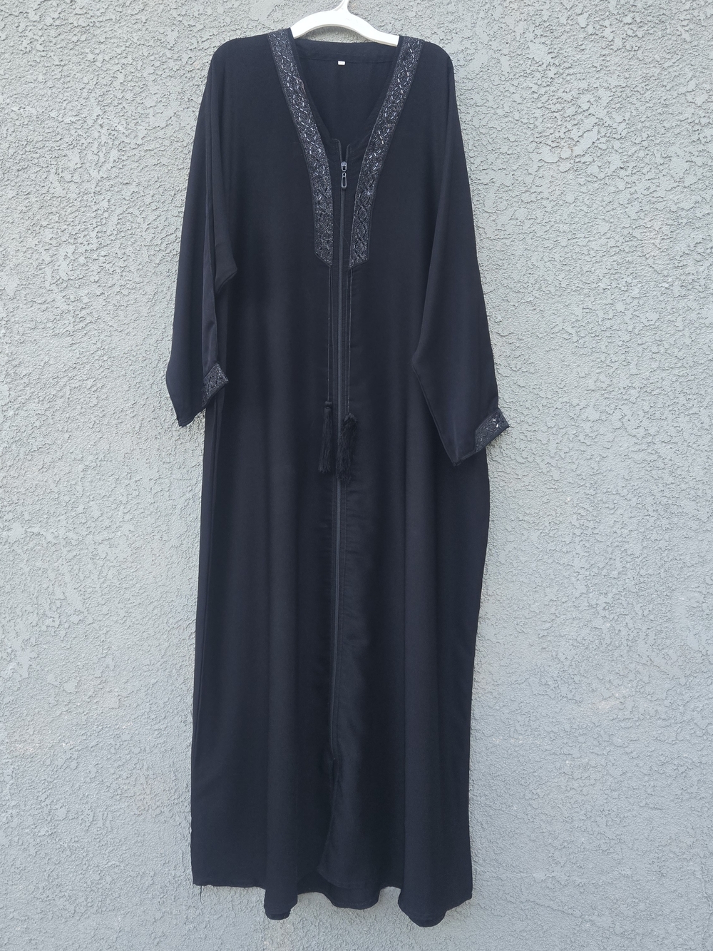 Abaya Maxi Dress Size 56 L Black Beaded V Neck Front Zip Long Sleeve Modest